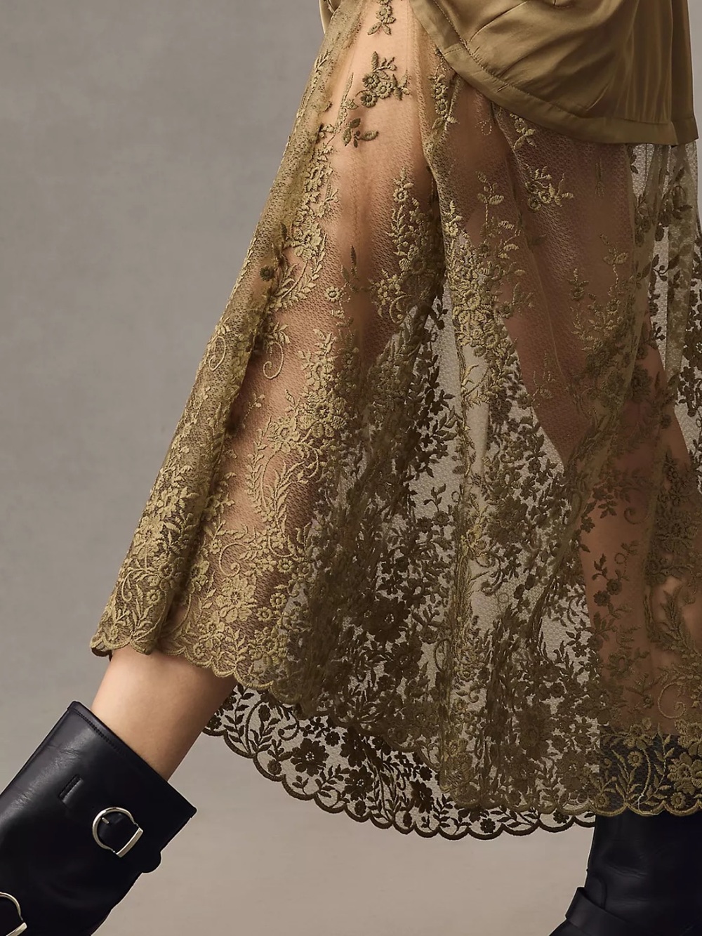 Anthropologie Lace Mix Twofer Satin Maxi Dress olive green satin button-down M - Picture 16 of 16